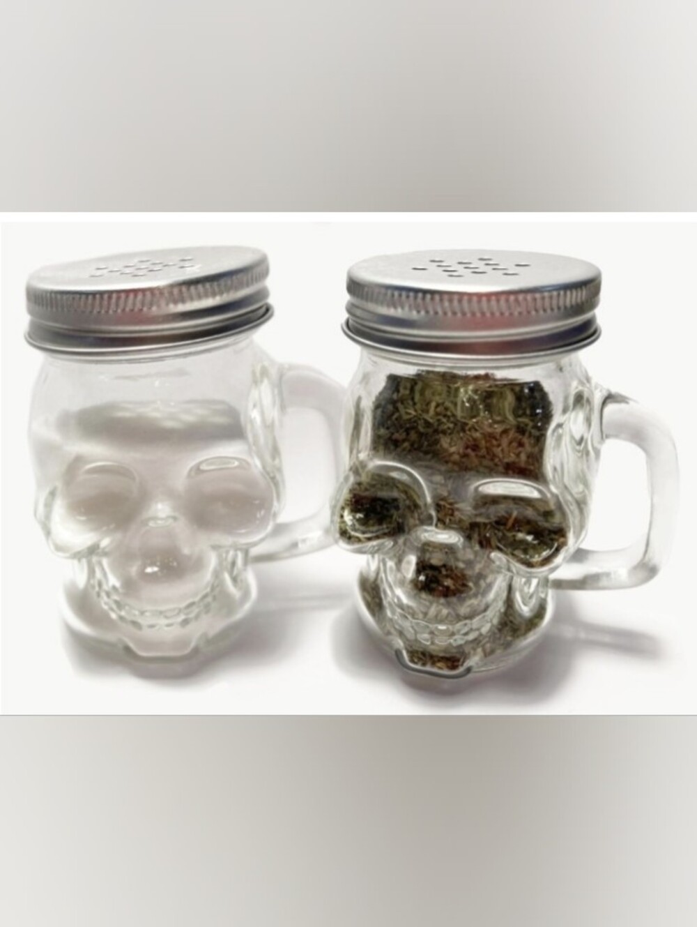 Hallowewn Skull Glass Salt and Pepper Shakers with Handles - Clear Glass